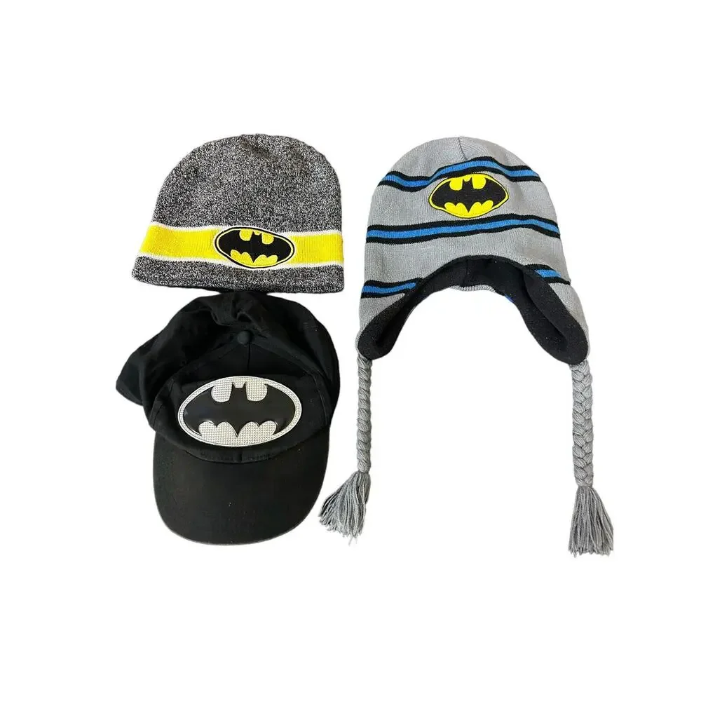 Batman Youth Hats Lot of 3 . One Baseball Cap And 2 Toboggan/Beanies. Bat Symbol